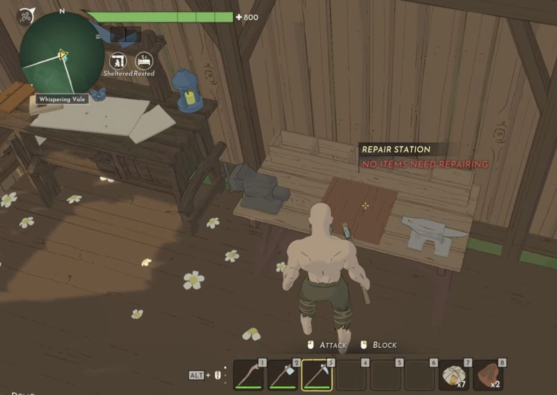 The same hotbar items have full durability bars after repair.
